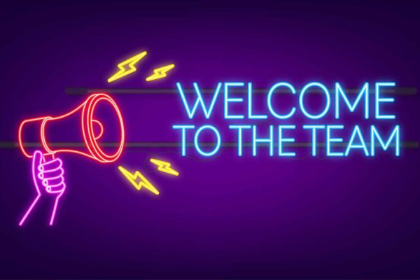 Welcome to the team written on label. Neon icon. Advertising sign. Vector stock illustration.