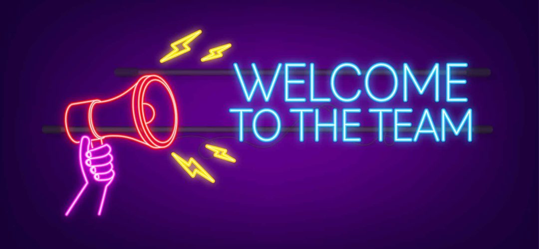 Welcome to the team written on label. Neon icon. Advertising sign. Vector stock illustration.